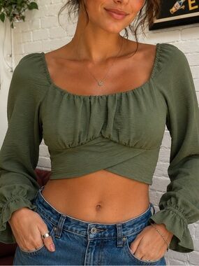 Altar’d State Olive Green Faux Wrap Crop Top Balloon Sleeve Ruched Front Size S